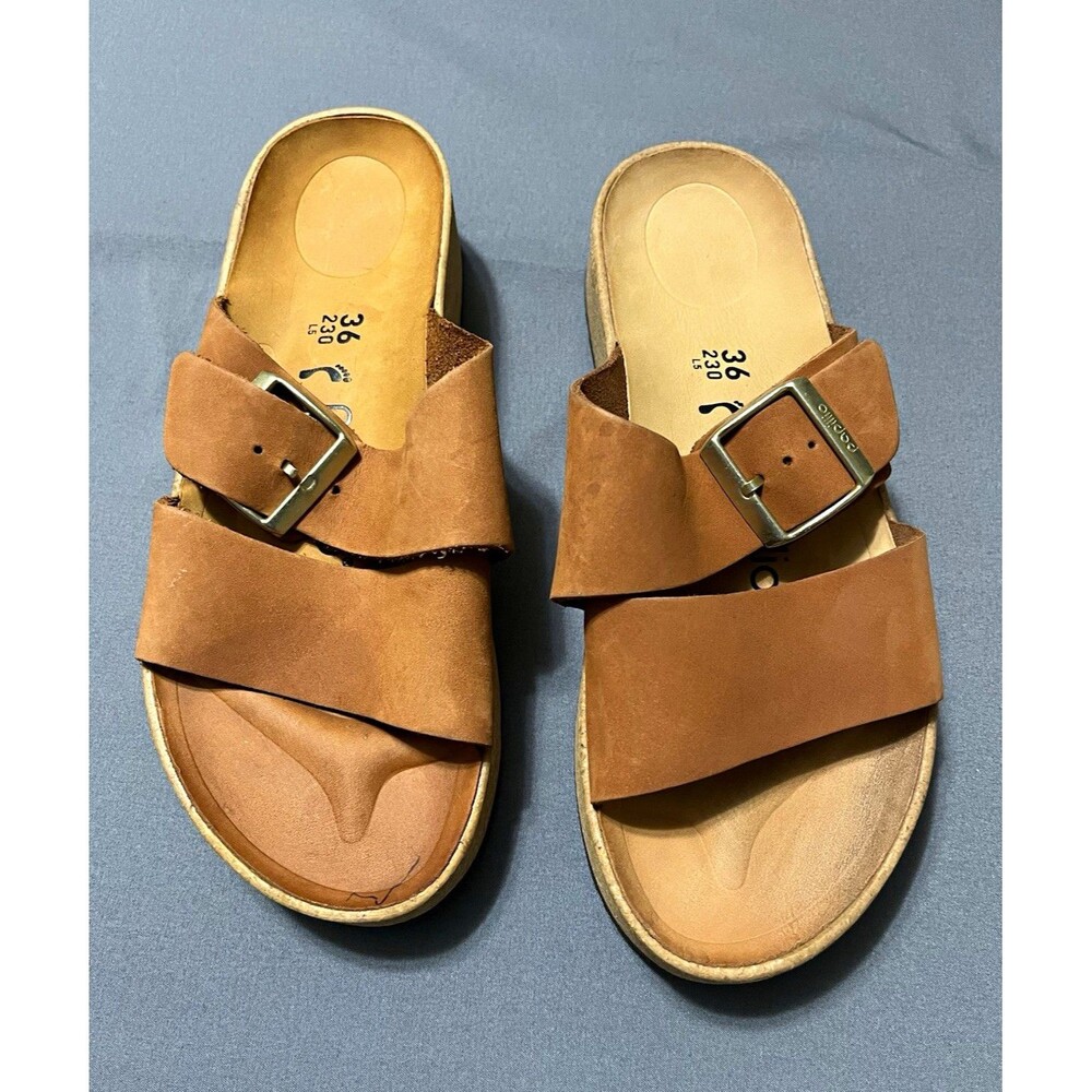 Papillio by Birkenstock Women's Brown Leather Buckle Slide Wedge EU 36